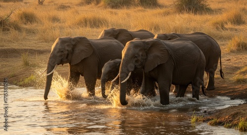 Elefante manada atravessando rio na savana sob luz dourada