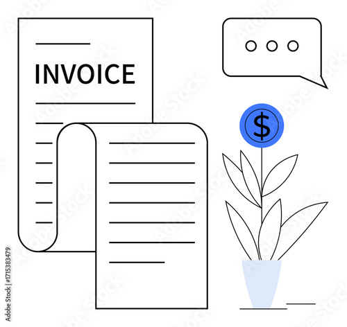 Invoice documents, money plant symbolizing financial growth, and communication bubble. Ideal for finance, accounting, payments, entrepreneurship, business growth, client relations simple flat