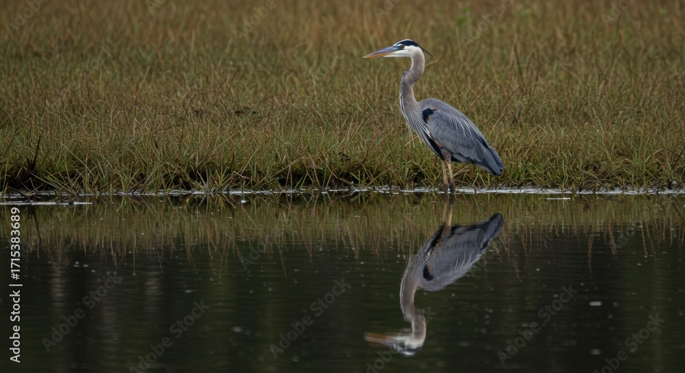 Obraz premium Majestic Great Blue Heron in Serene Marsh Reflection