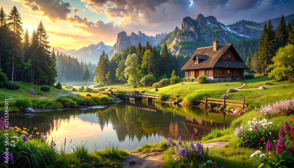 Fototapeta premium A picturesque mountain landscape showcasing a charming wooden chalet nestled beside a tranquil lake, bathed in the warm hues of a sunrise.
