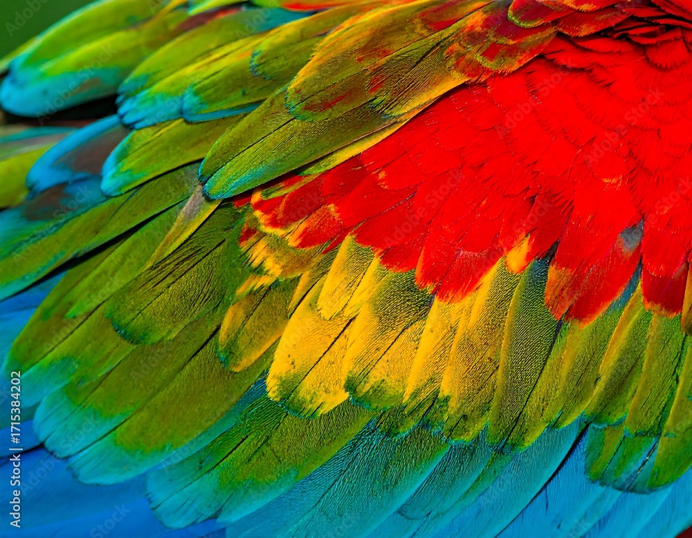 Obraz premium Vibrant plumage; red, yellow, green, and blue feathers overlap