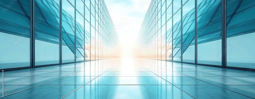 Obraz premium Symmetrical modern glass building corridors converging towards a bright glowing horizon under a clear sky reflecting on shiny tiled floor