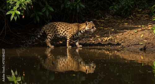 Jaguarundi Stealthily Hunting on Riverbank
