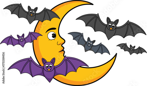 Cartoon bats flying around a crescent moon with a face