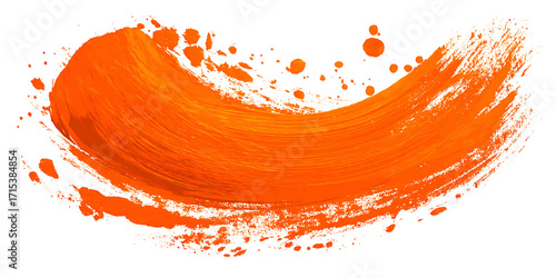 Abstract Orange Brush Stroke Texture with Paint Splashes Isolated on Transparent Background
