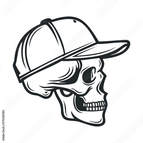 Skull wearing a cap design for trendy streetwear style. Vector hand drawn illustration

