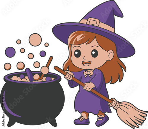 Cartoon witch stirring cauldron with broom and bubbles