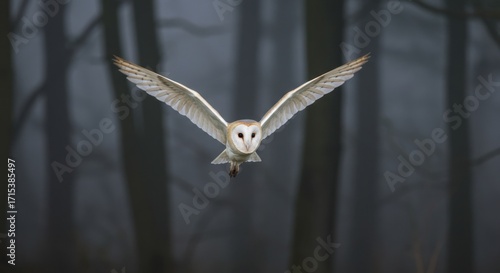 Barn Owl in Flight Through Foggy Twilight Forest