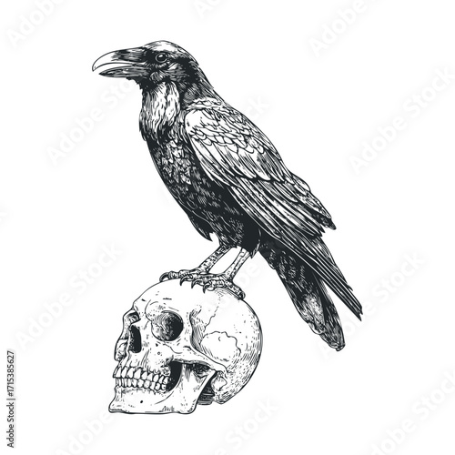 Raven perched on skull with intricate details showcasing symbolism. Vector hand drawn illustration

