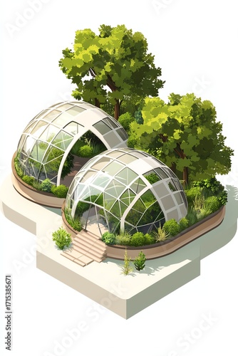 Illustration of futuristic geodesic domes surrounded by lush greenery and trees, showcasing sustainable architecture.