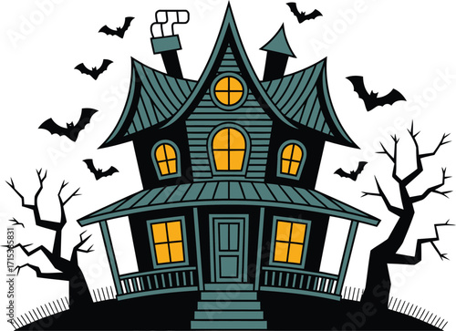 Spooky haunted house with bats and bare trees halloween