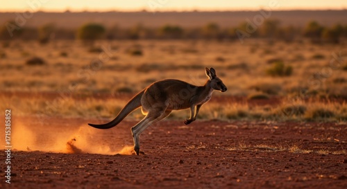 Título: Silhueta de Canguru em Movimento no Pôr do Sol do Outback Australiano