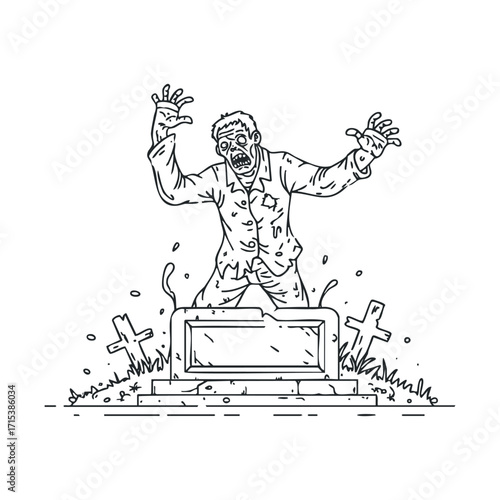 Creepy zombie rising from grave in a spooky cemetery scene. Vector hand drawn illustration

