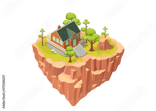 Isometric floating natural with house and trees