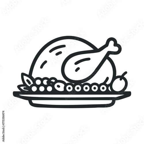 Thanksgiving feast with roasted turkey and vegetables on plate. Vector hand drawn illustration

