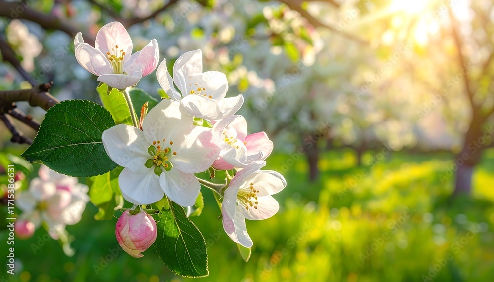 Fototapeta premium Spring blossoms in a sunlit orchard garden