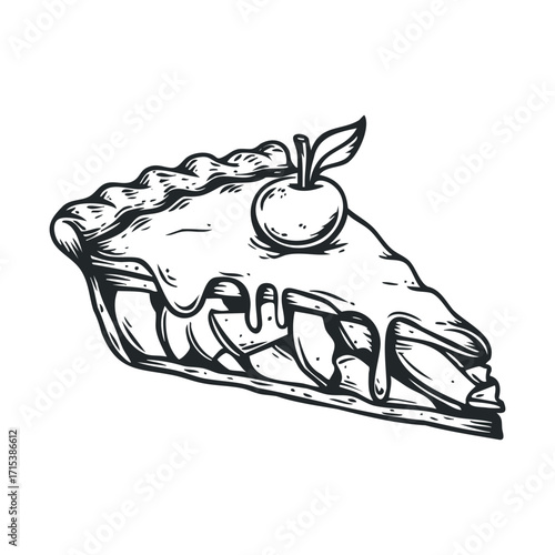 Delicious homemade apple pie slice with glaze and decorative topping. Vector hand drawn illustration

