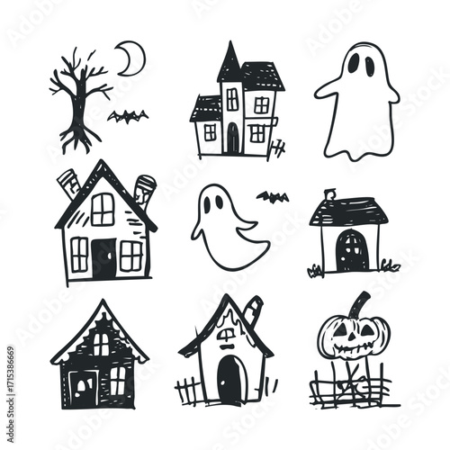 Halloween theme with spooky houses and ghost sketches for decorations. Vector hand drawn illustration


