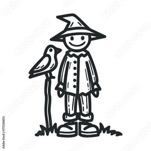 Scarecrow standing beside a bird in a garden setting. Vector hand drawn illustration

