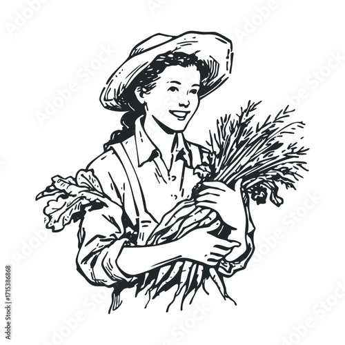Farmer holding freshly harvested carrots in sunny outdoor setting. Vector hand drawn illustration

