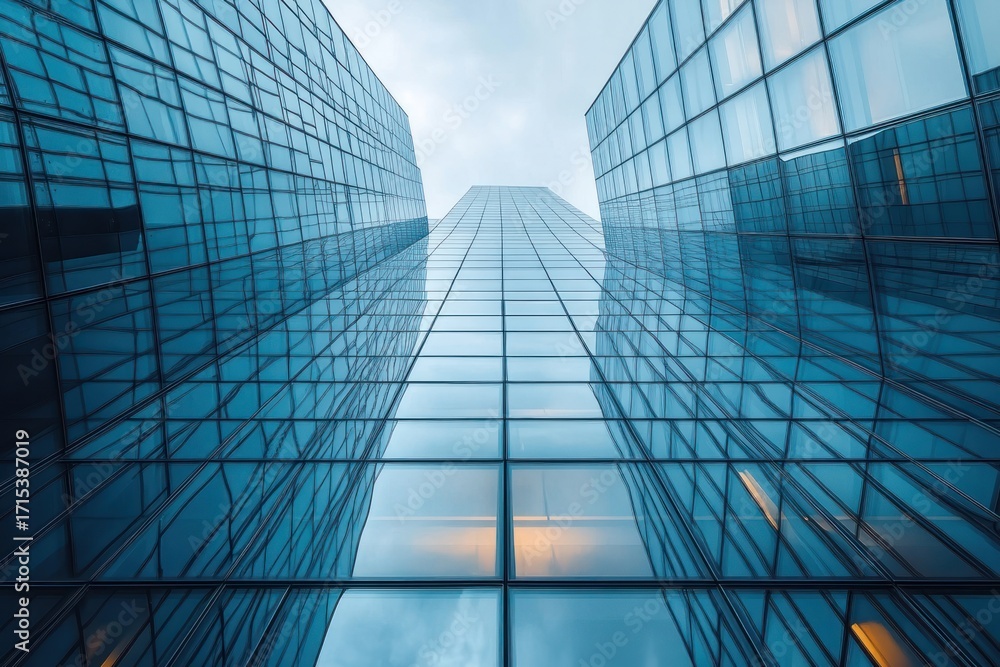 Obraz premium looking up at tall modern glass skyscrapers reflecting the cloudy sky with a feeling of awe and grandeur
