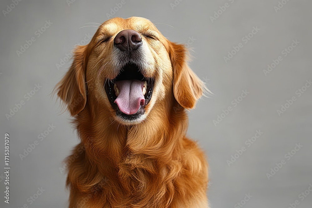 Fototapeta premium close-up of a golden retriever dog with eyes closed and mouth wide open appearing to yawn or laugh expressing joy and relaxation