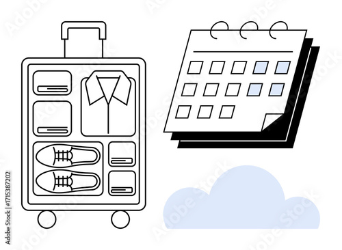 Packed travel suitcase with clothing compartments, a simple calendar with marked dates, and a cloud icon. Ideal for trip planning, vacation, organization, preparation, scheduling, packing