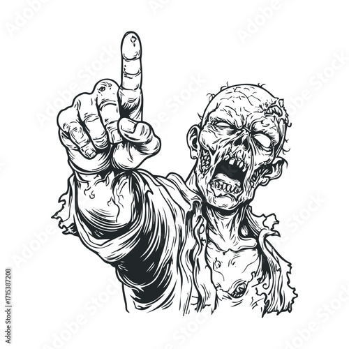 Zombie character pointing for Halloween design. Vector hand drawn illustration

