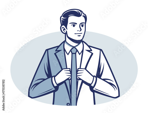 Confident businessman in suit adjusting jacket with a determined expression vector