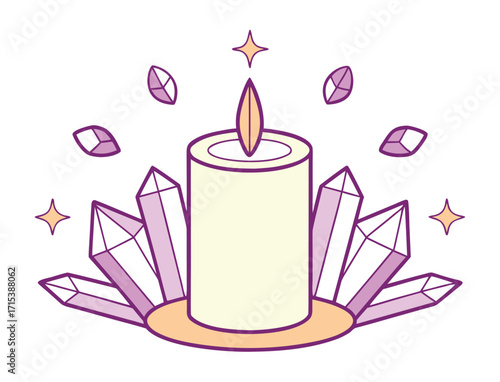 Elegant candle surrounded by healing crystals and celestial stars for holistic wellness