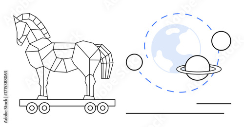 Geometric outline of a Trojan horse on wheels paired with abstract Earth, planets, and orbital lines. Ideal for cybersecurity, deception, technology, space, strategy innovation education. Modern