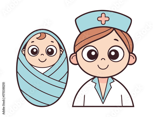 Cute cartoon nurse with newborn baby wrapped in blanket vector illustration