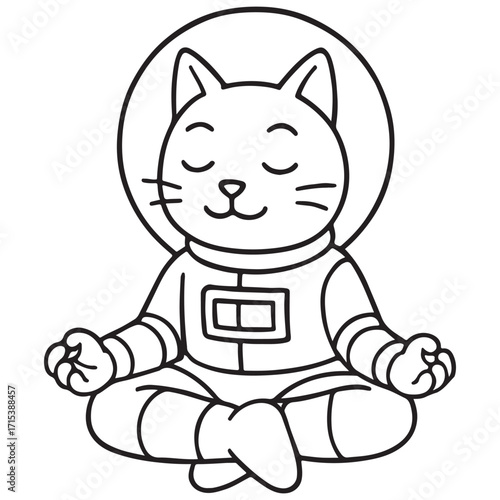 A peaceful cartoon cat astronaut meditating in a lotus pose with its eyes closed. A simple line art drawing.
