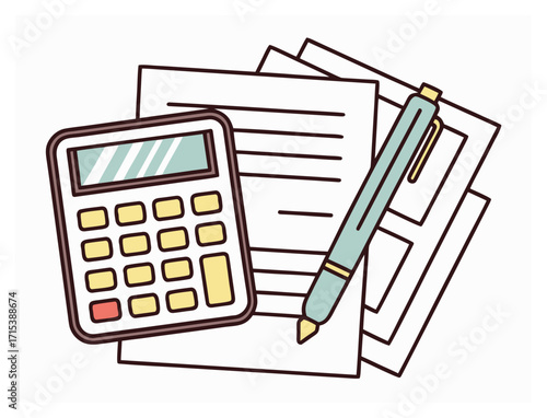 Calculator pen and papers illustration showing business finance planning management tasks