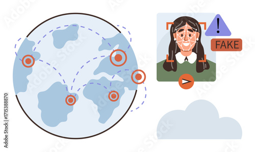 Planet, face recognition, and alert sign highlighting deepfake risks. Ideal for technology, cybersecurity, biometrics, AI, privacy digital ethics awareness. Simple flat metaphor