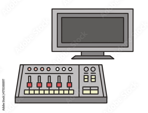 Audio mixing console with computer monitor vector illustration for podcasting and music