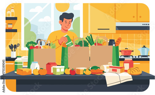 Vector lifestyle illustration of a person unpacking groceries 