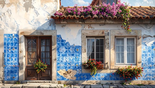 Charming facade of a weathered building, adorned with vibrant blue tiles, showcasing ornate wooden doors and windows, and flowering plants cascading down the walls.