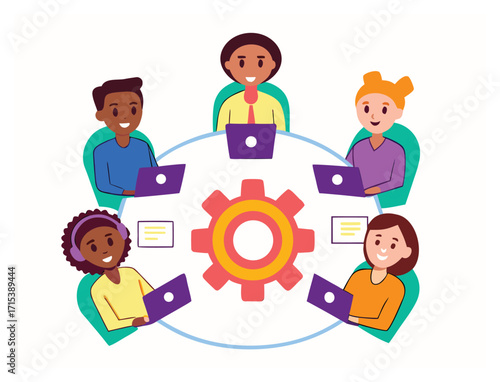 Diverse team collaborating online with laptops around a central cog wheel