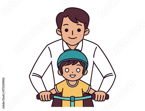 Father and son riding a bicycle together learning to ride vector illustration
