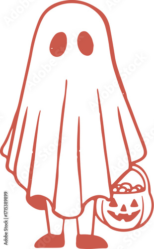 A simple illustration of a ghost holding candy bucket, ready for trick-or-treating.