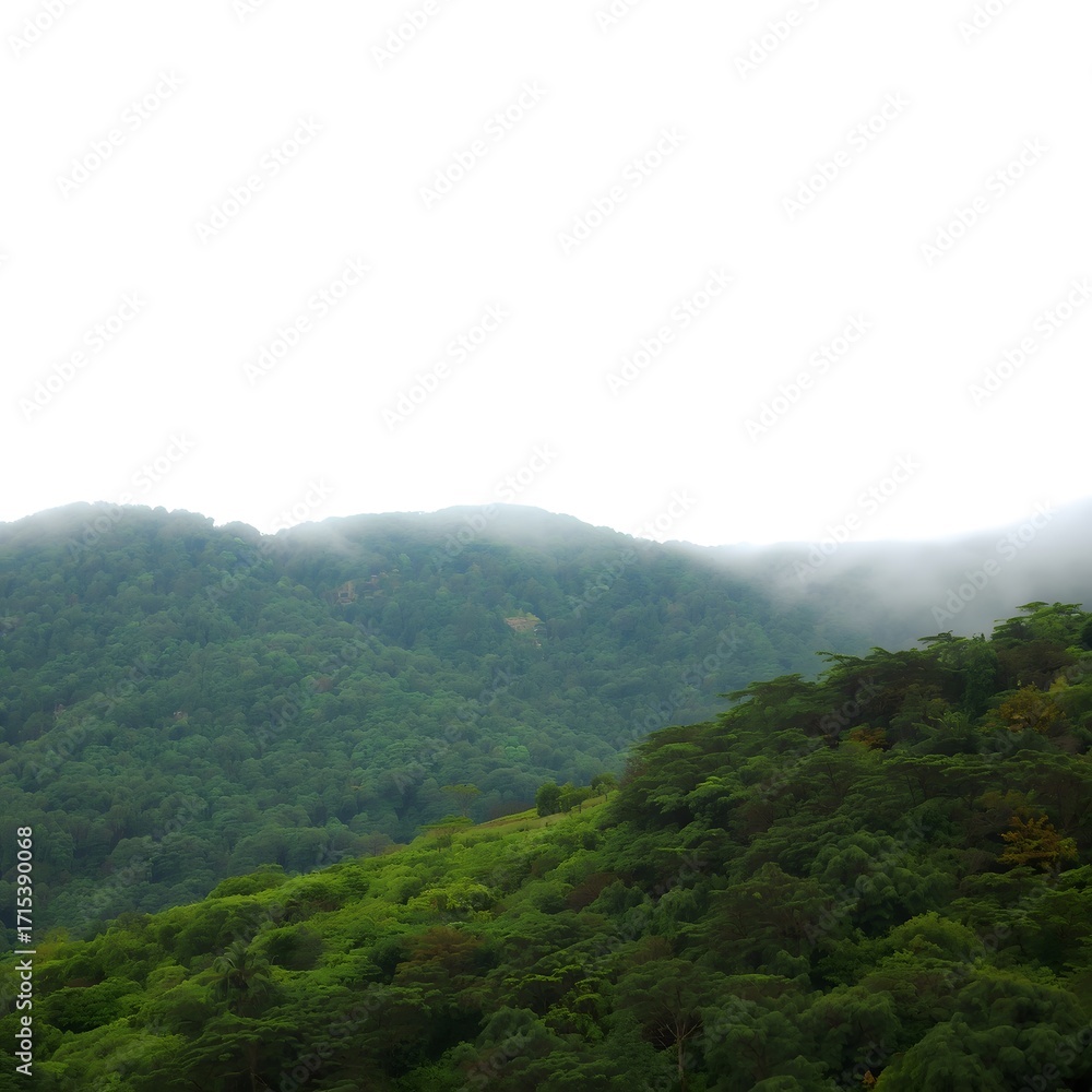 Obraz premium Misty mountain valley covered with dense green forest under cloudy sky, showing natural wilderness, lush landscape, and peaceful untouched nature environment