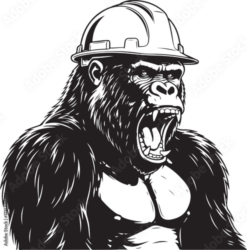 Aggressive gorilla hard hat construction theme silhouette