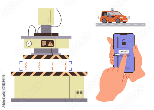 Hand holds phone unlocking driverless car near mechanical press. Ideal for technology, automation, safety, cybersecurity, app control, mobility, smart machines. A simple flat metaphor