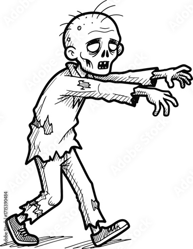 A cartoon zombie character, walking with tattered clothing, in a black and white illustration.