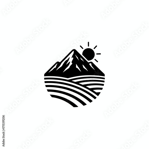 A black and white woodcut style logo showing mountains, rolling hills or fields, and a shining sun.