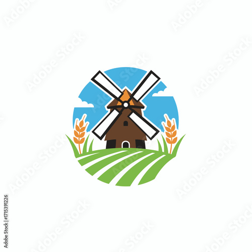 A charming cartoon windmill on a green field with wheat stalks, set against a blue sky background.