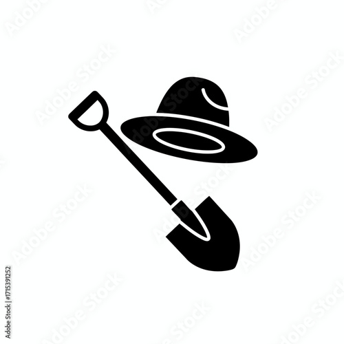 A simple black silhouette icon of a farmer's or gardener's hat resting on a shovel, representing manual labor.