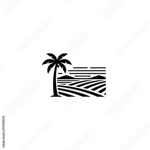 A black and white minimalist logo of a palm tree beside rolling hills or fields with distant mountains.