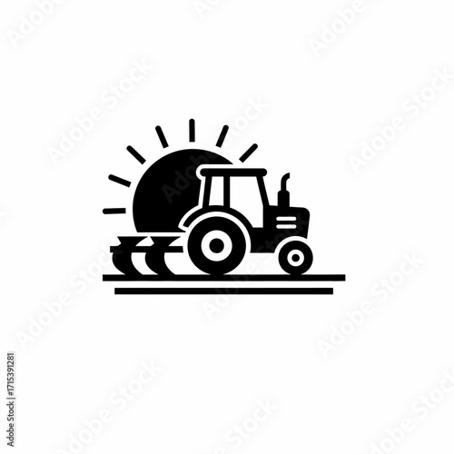 A black icon of a tractor plowing a field, with a bright rising or setting sun in the background.
